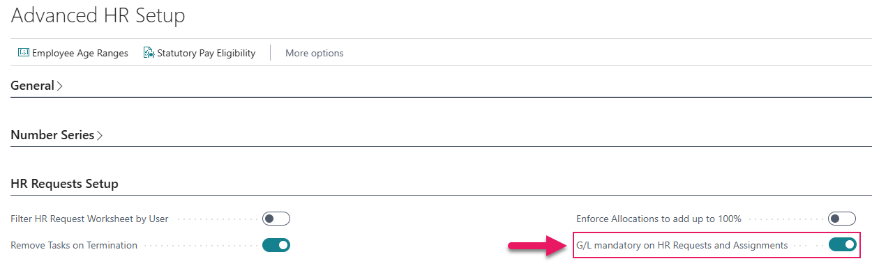 Advanced HR Setup page G/L mandatory on HR Requests and Assignments field
