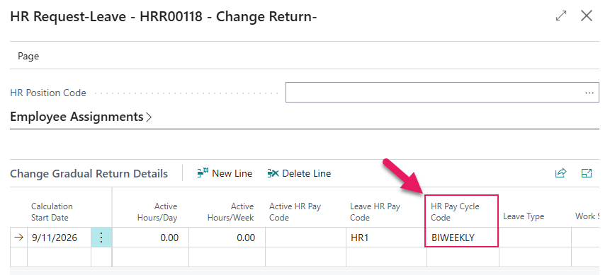 Change Gradual Return Details FastTab HR Pay Cycle Code field