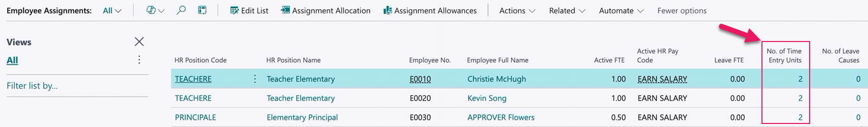 Employee Assignments page No. of Time Entry Units field
