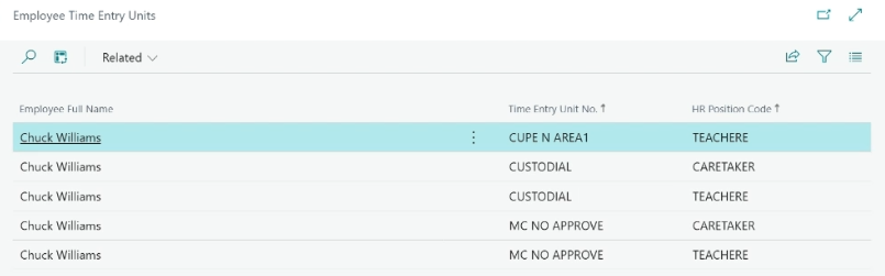 Employee Time Entry Units page