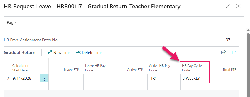 Gradual Return FastTab HR Pay Cycle Code field