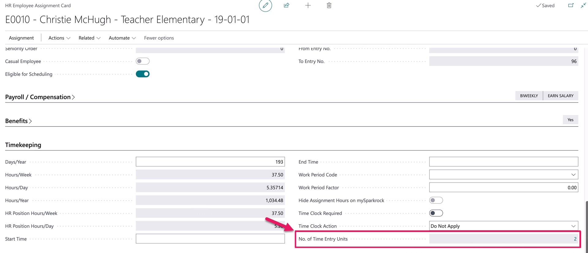 HR Employee Assignment Card page No. of Time Entry Units field