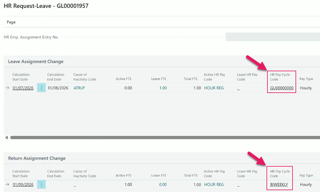 Leave Assignment Change and Return Assignment Change FastTabs HR Pay Cycle Code field