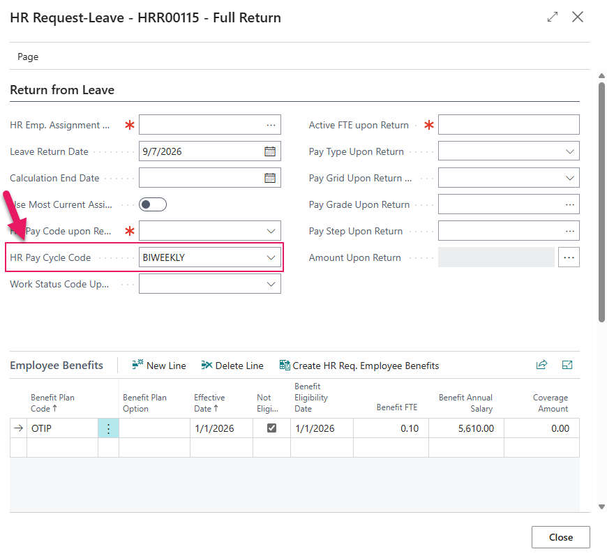 Return from Leave FastTab HR Pay Cycle Code field