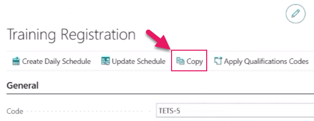 Training Registration page Copy action