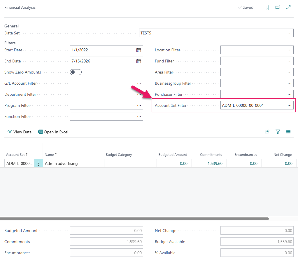 Financial Analysis page Account Set Filter field
