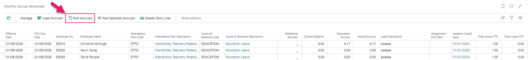 Monthly Accrual Worksheet page Post Accruals action