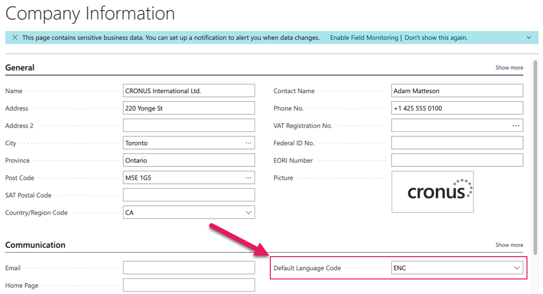 Company Information page Default Language Code field