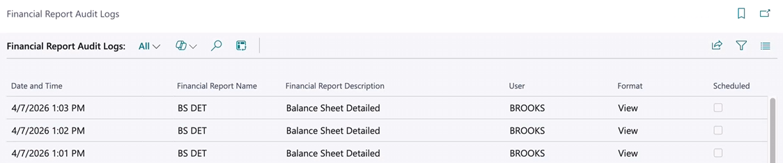 Financial Report Audit Logs page