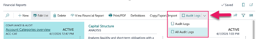Financial Reports page Audit Logs action