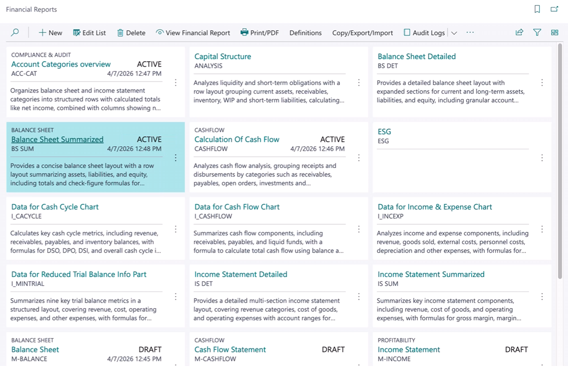 Financial Reports page Tile view