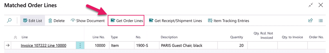 Matched Order Lines page Get Order Lines action