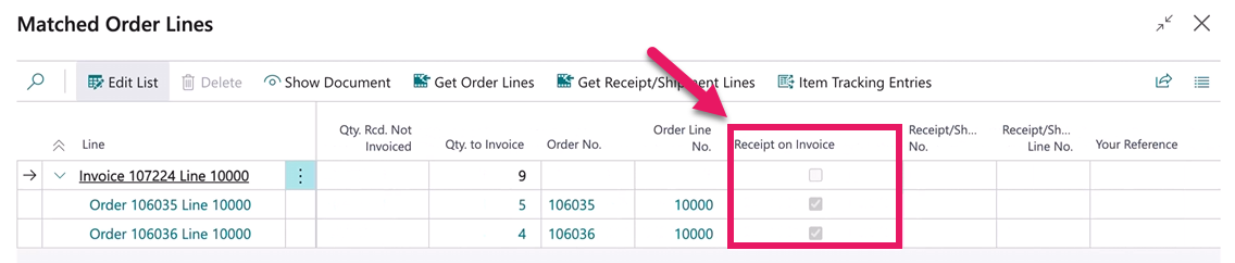 Matched Order Lines page Receipt on Invoice field