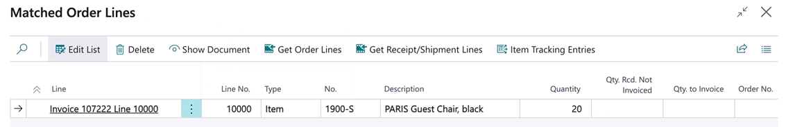 Matched Order Lines page