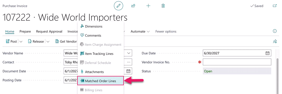 Purchase Invoice page Matched Order Lines action