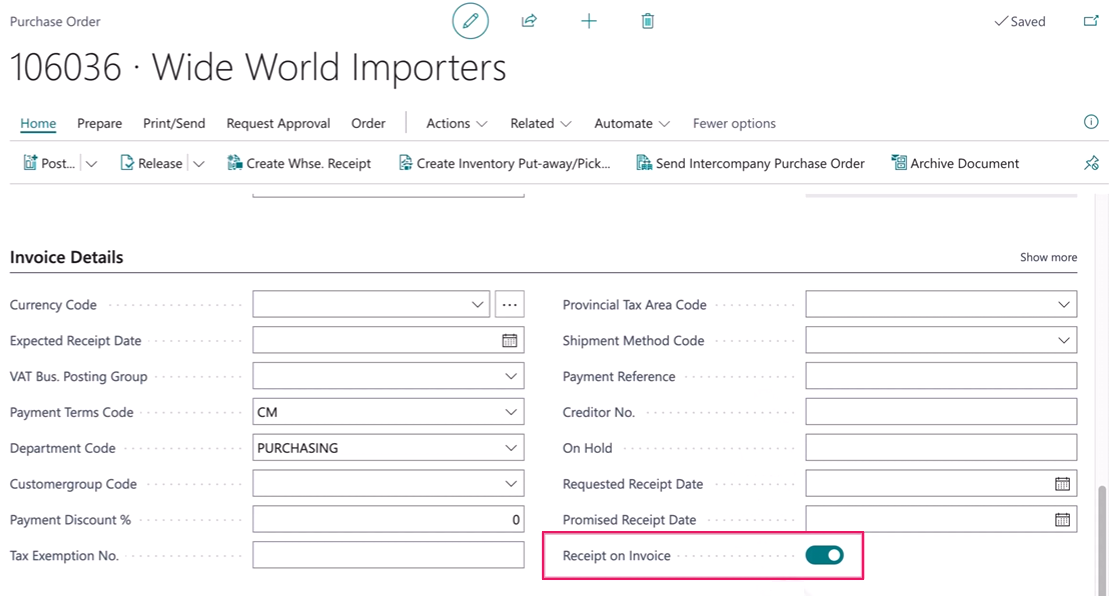 Purchase Order page Receipt on Invoice field
