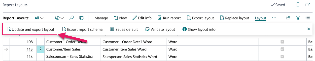 Report Layouts page Update and export layout action