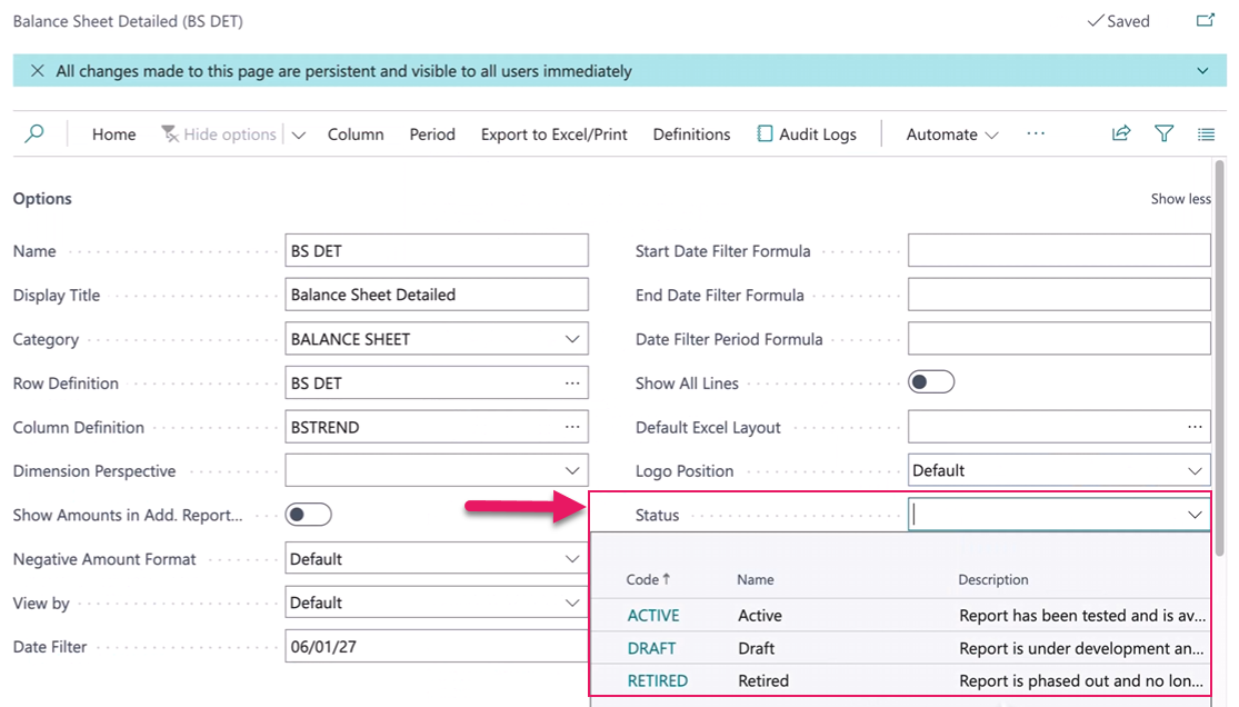 Report status example