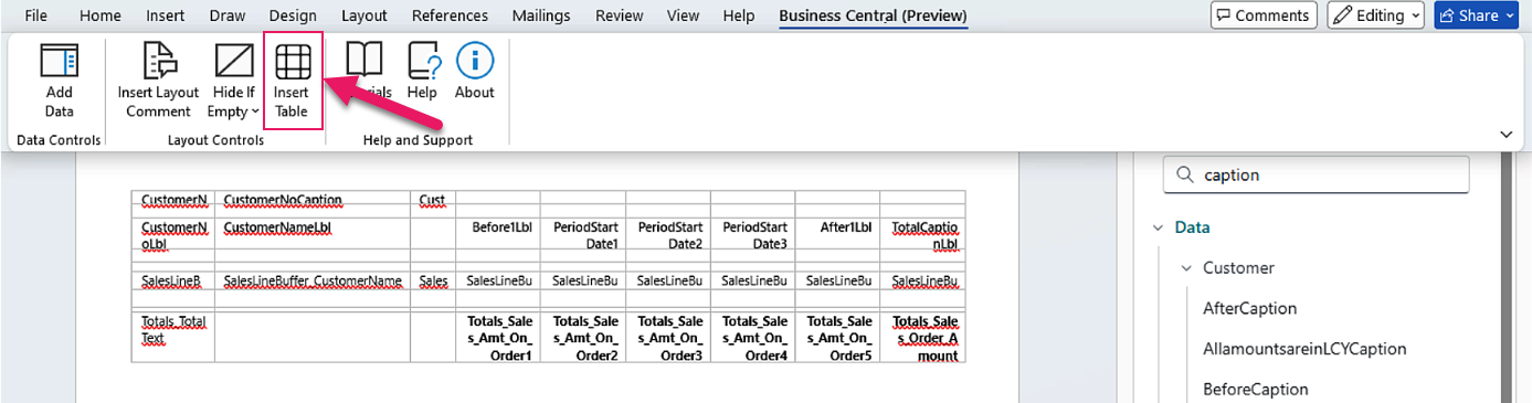 Word Insert Table action