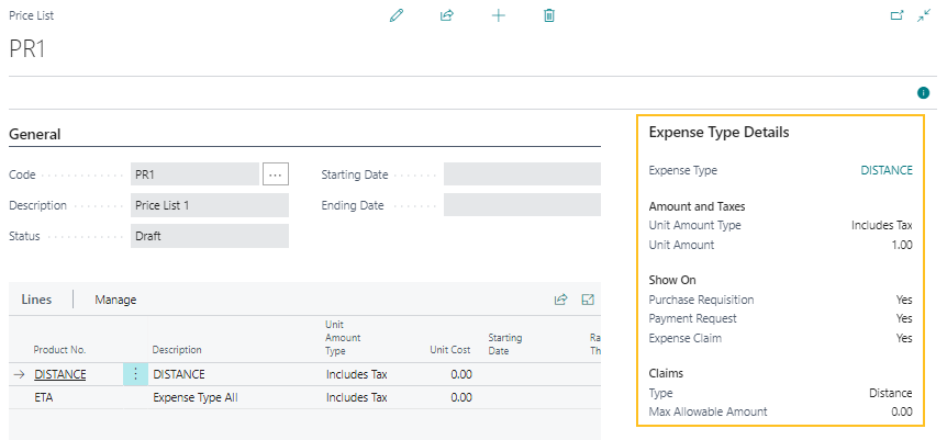 Price List page Expense Type Details FactBox