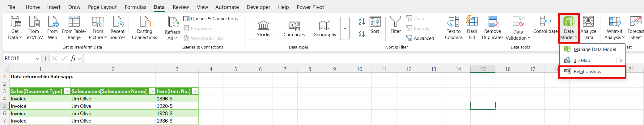 Screenshot of Excel showing steps to create a Power Pivot relationship between Tables.