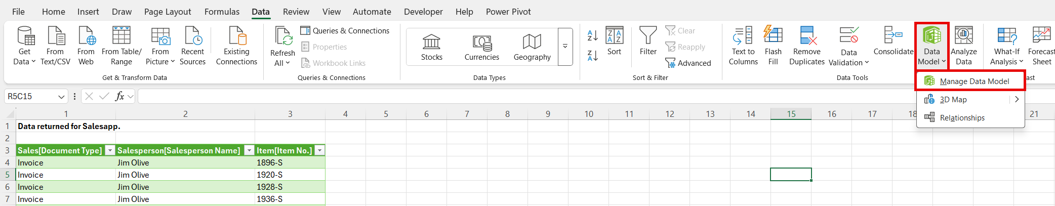 Screenshot of Excel showing steps to Manage Data Model in Power Pivot. 