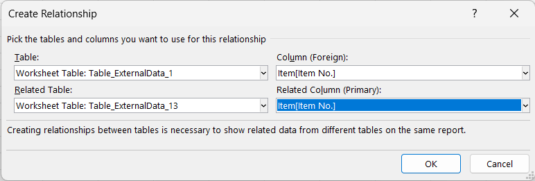 Screenshot of Excel showing wizard to create relationship between Tables for Power Pivot.