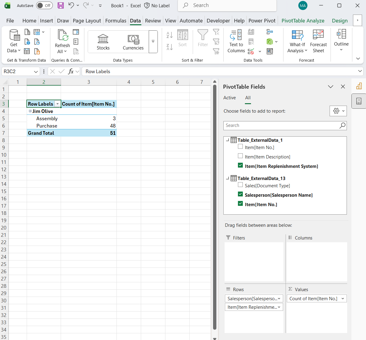 Screenshot of Excel showing Pivot Table created from Power Pivot.