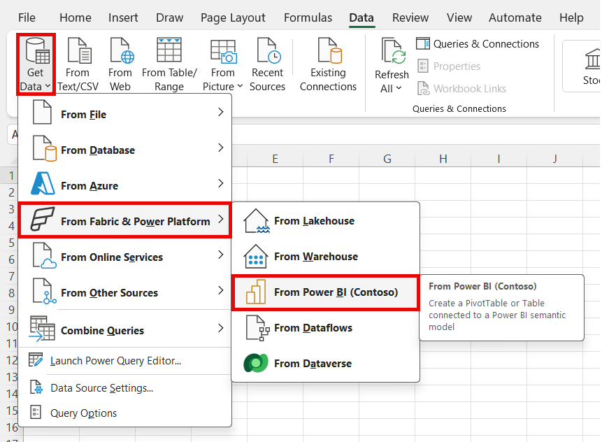 Screenshot of Excel showing steps to connect to Power BI.