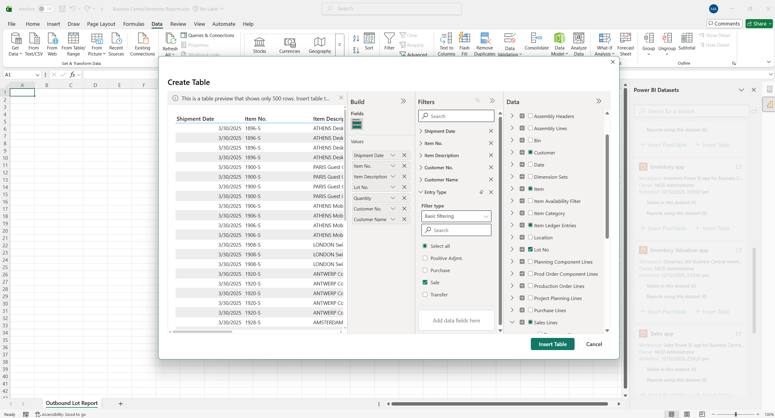 Screenshot of Excel showing Power BI semantic model Create Table wizard.
