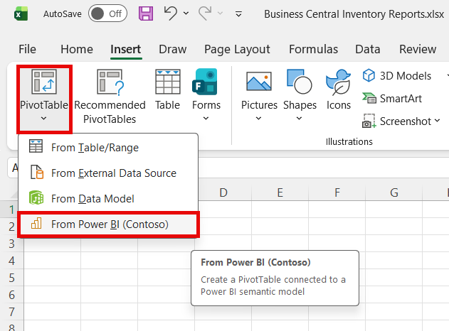 Screenshot of Excel showing steps create Pivot Table using Power BI connection.