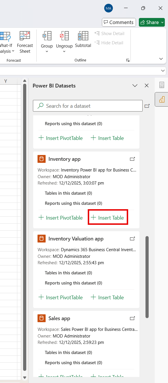 Screenshot of Excel showing Power BI semantic models pane highlighting Create Table option.