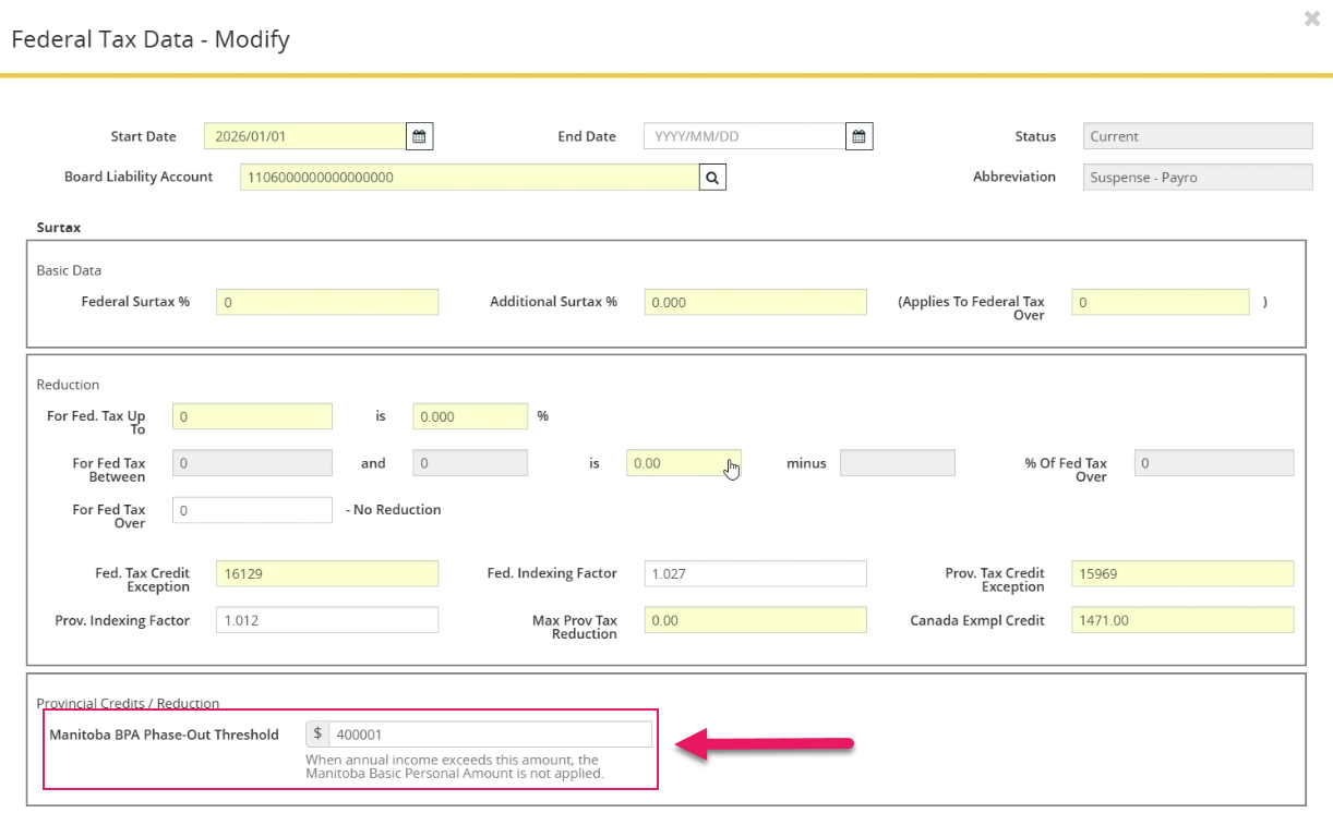Federal Tax Data - Modify page Manitoba BPA Phase-Out Threshold field