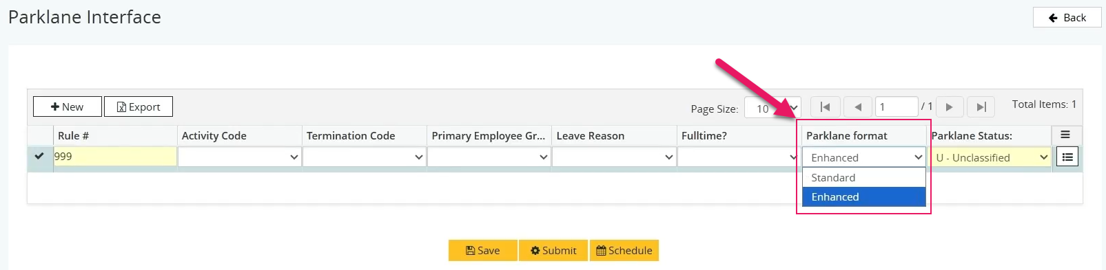 Parklane Interface page Parklane format field