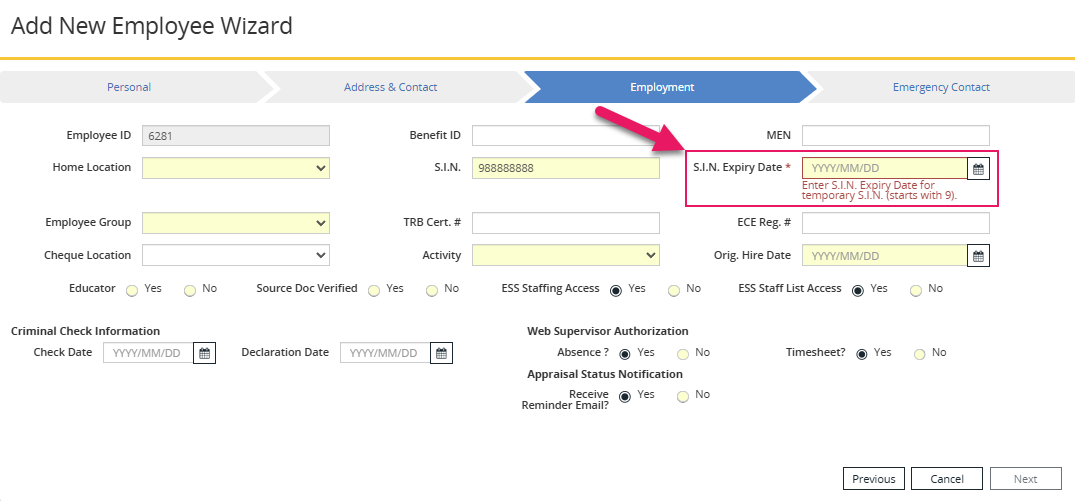 Add New Employee Wizard page S.I.N Expiry Date field