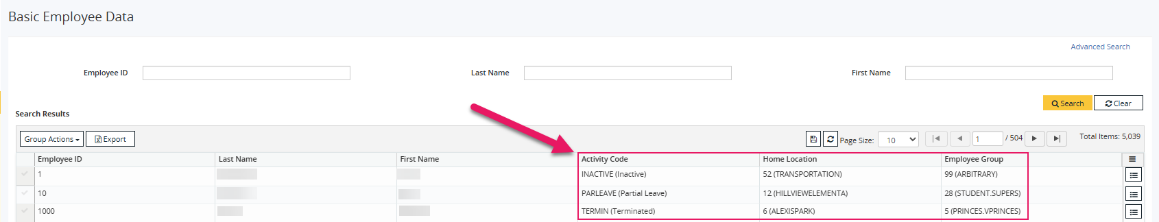 Basic Employee Data page code and abbreviation example