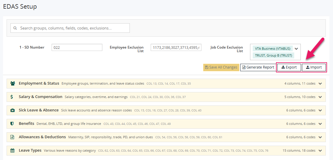 EDAS Setup page Export and Import buttons