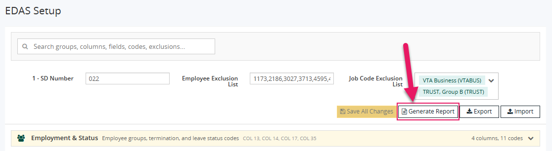 EDAS Setup page Generate Report button