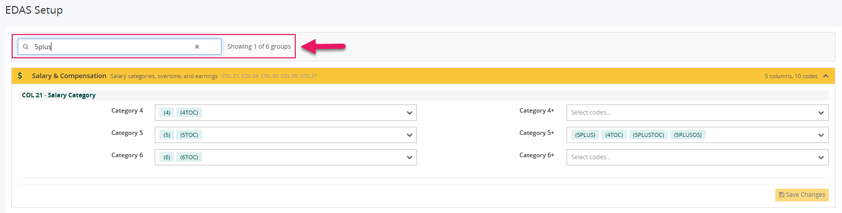 EDAS Setup page global search example