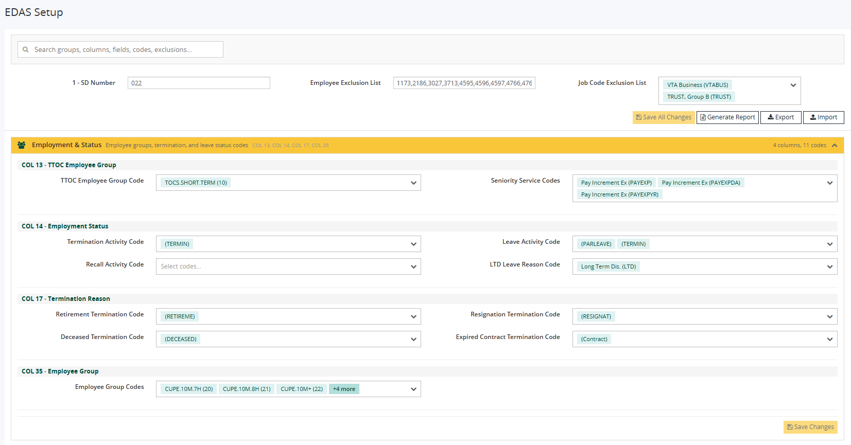 EDAS Setup page section expanded example
