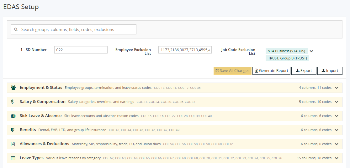EDAS Setup page