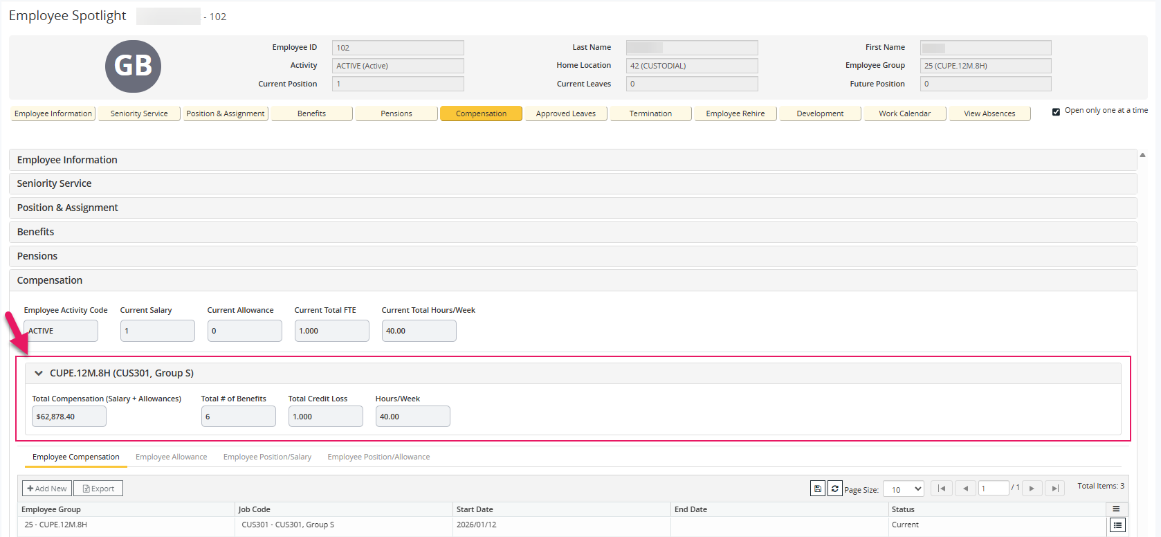 Employee Spotlight page compensation summary panel