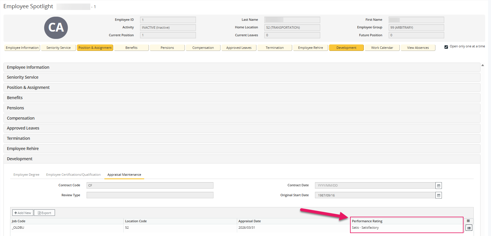 Employee Spotlight page Performance Rating column