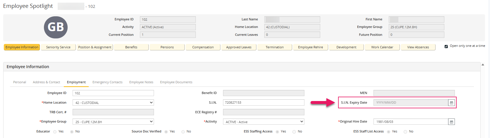 Employee Spotlight page S.I.N Expiry Date field