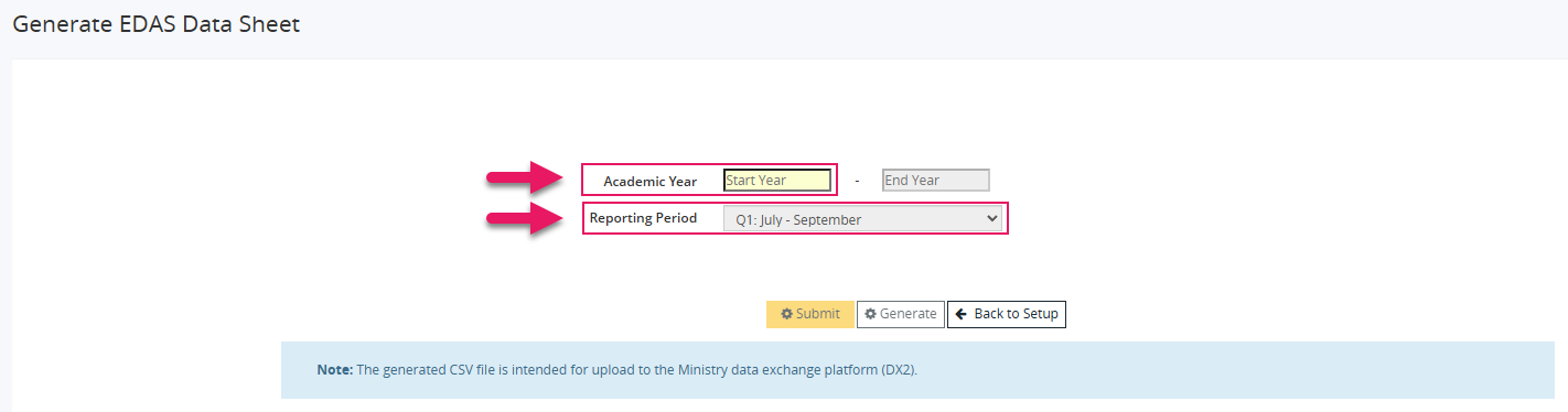 Generate EDAS Data Sheet page Academic Year and Reporting Period fields