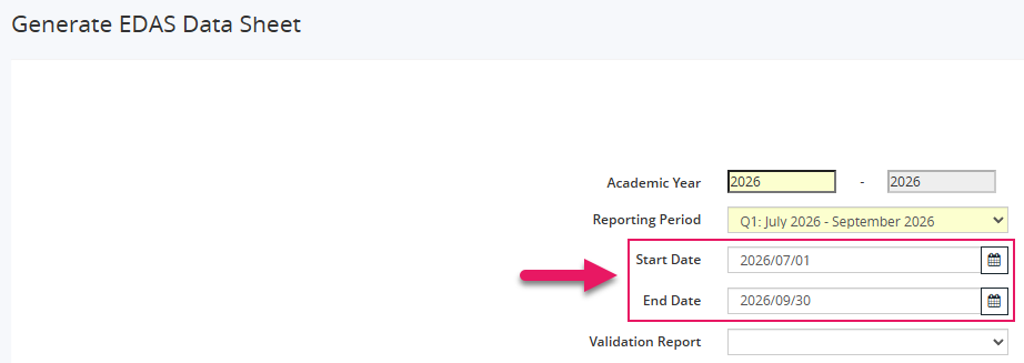 Generate EDAS Data Sheet page Start Date and End Date fields