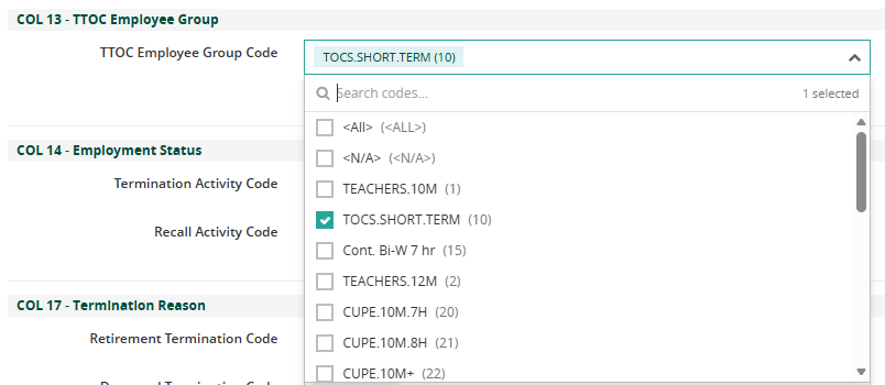 Multi-code selection controls