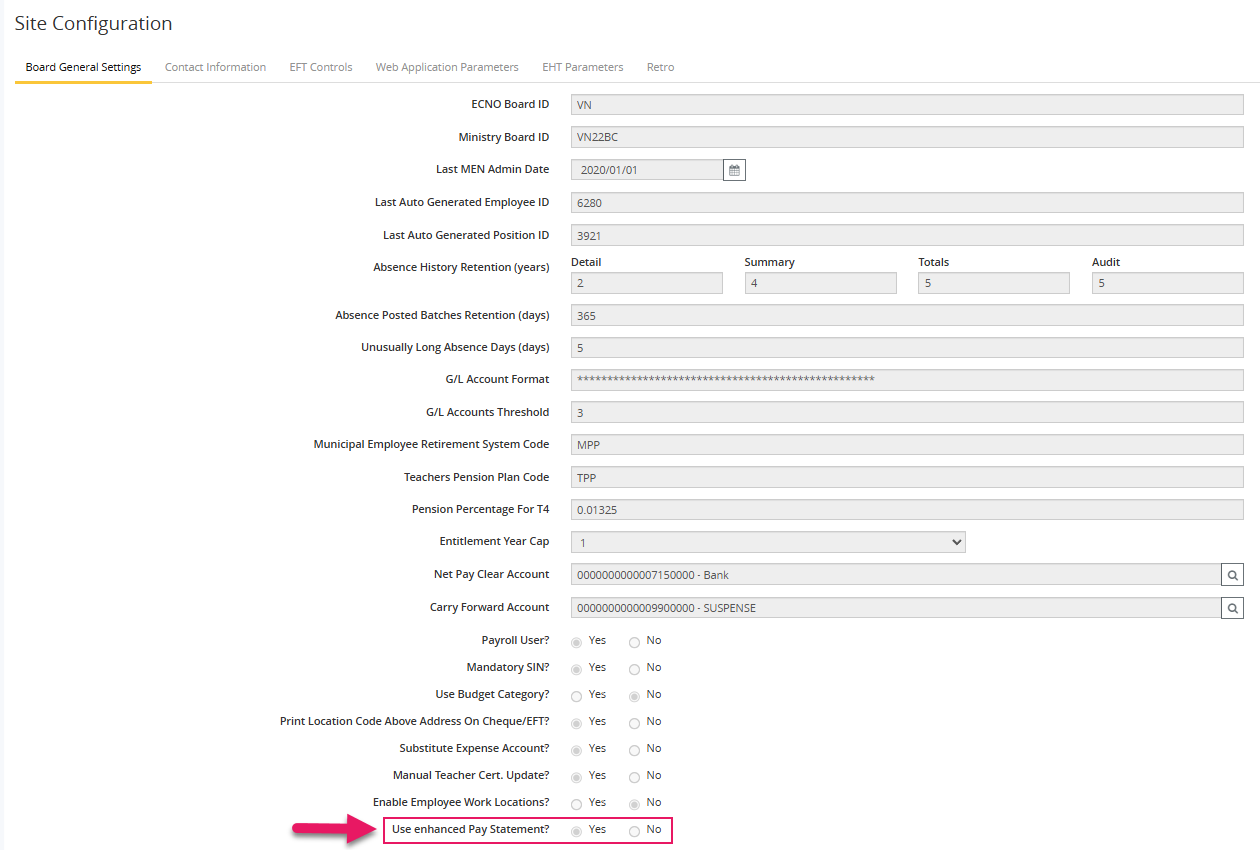 Site Configuration page Use enhanced Pay Statement field