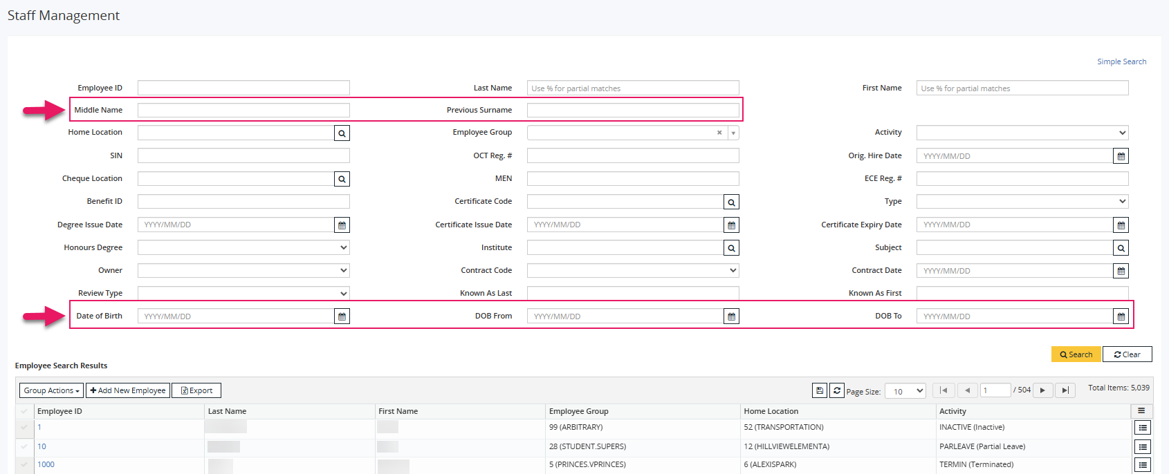 Staff Management page new search fields