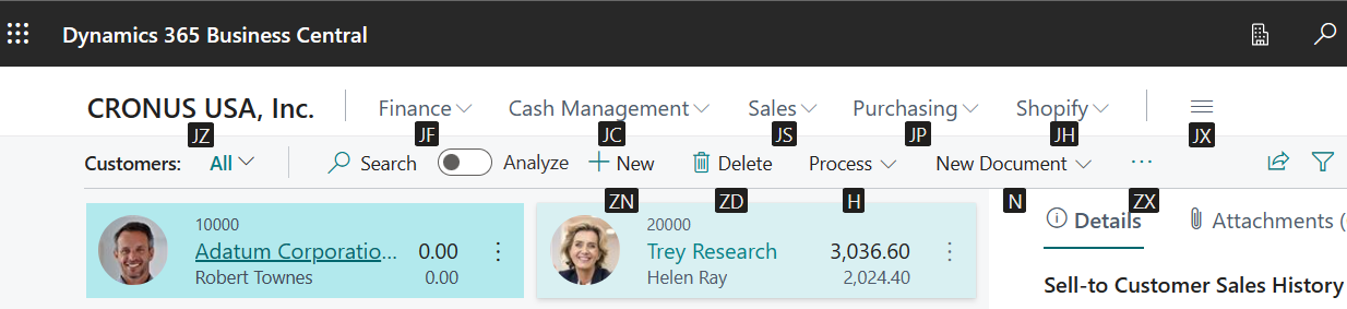 Capture d'&eacute;cran montrant les touches d'acc&egrave;s sur la page de la liste des clients.